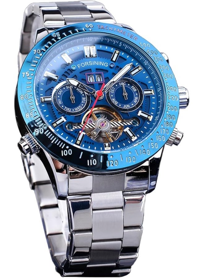 FORSINING Men Tourbillon Mechanical Self-Wind Watch, Day Date Month Full Calendar, Luminous Tachymeter Multifunctional Automatic Watches, Carved Big Dial Stainless Steel Band Wrist Watch - Image 1